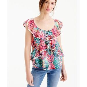 J Crew Tropical Pineapple Ruffle Flutter Sleeve Top Size 10 Beachy Vacation